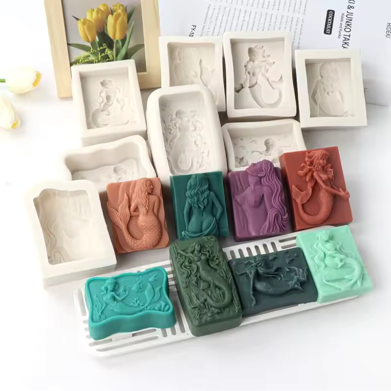 Soap Making Equipment For Beginners - Rechteckige 3D-Meerjungfrauen-Kerzenform im Ozean-Stil, DIY Relief-Meerjungfrauen-Seifenform